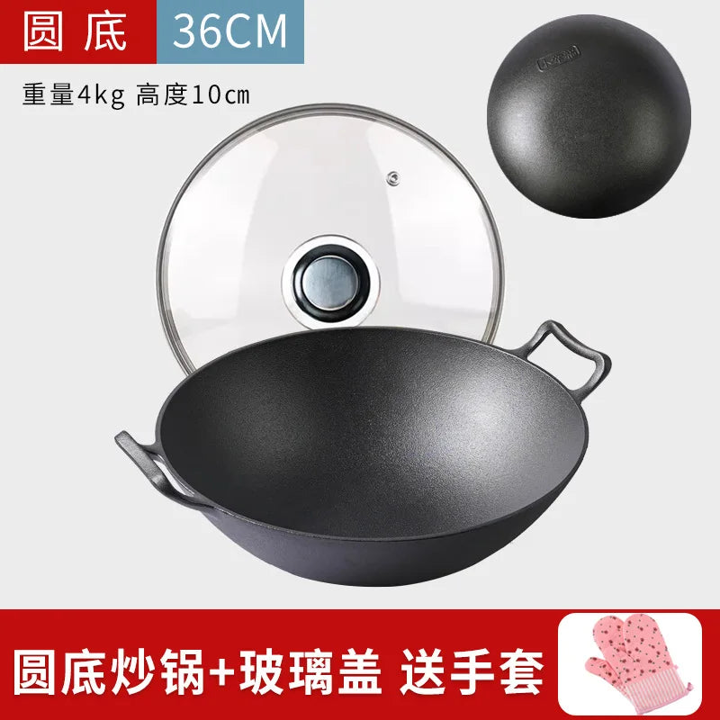 Traditional Thickened Double Ear Cast Iron Pot with Old-style round Bottom Large Household Non-coated Non-stick Raw Iron Pan