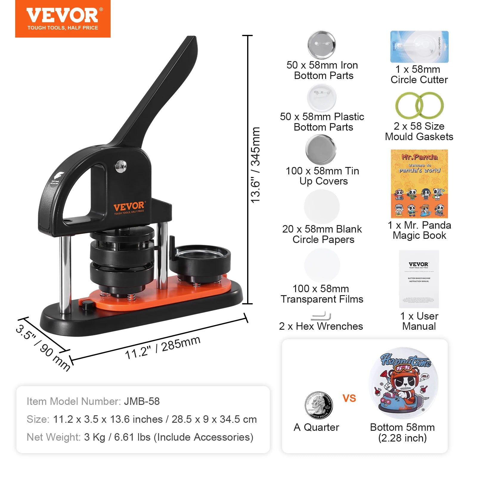 SucceBuy Button Maker 25/32/58 Pin Maker with Button Parts Ergonomic Arc Handle Punch Press Kit Button Maker Machine