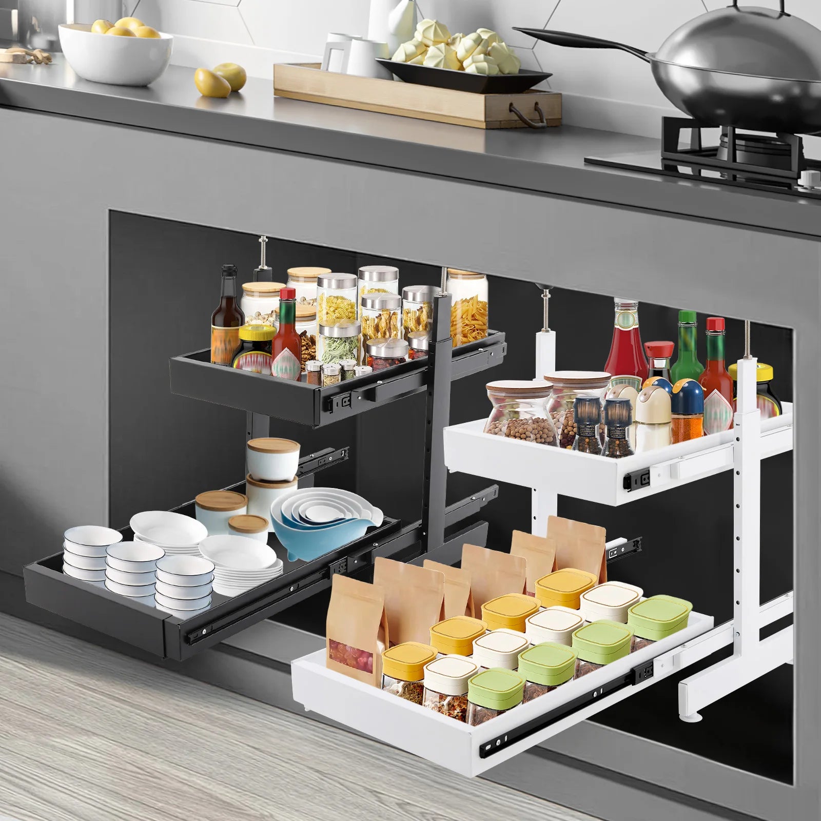 Carbon Steel Expandable Pull out Cabinet  2 -Tiers Organizer Pull Out Drawers for Cabinets Slide Out Cabinet Organizer