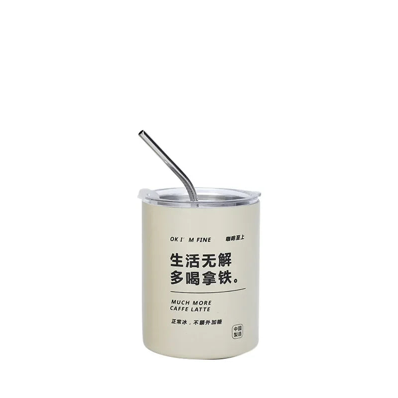 Stainless Aesthetic Cold Steel Mug With Lid Coffee Espresso Cups Pretty Drinkware, Drink Items Straw Bar  600ml
