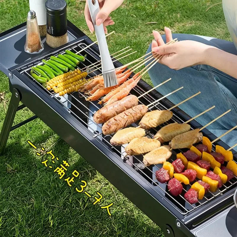 Folding Stainless Steel BBQ Charcoal Grill With 2 Side Trays Portable Camping Hiking Barbecue Accessory