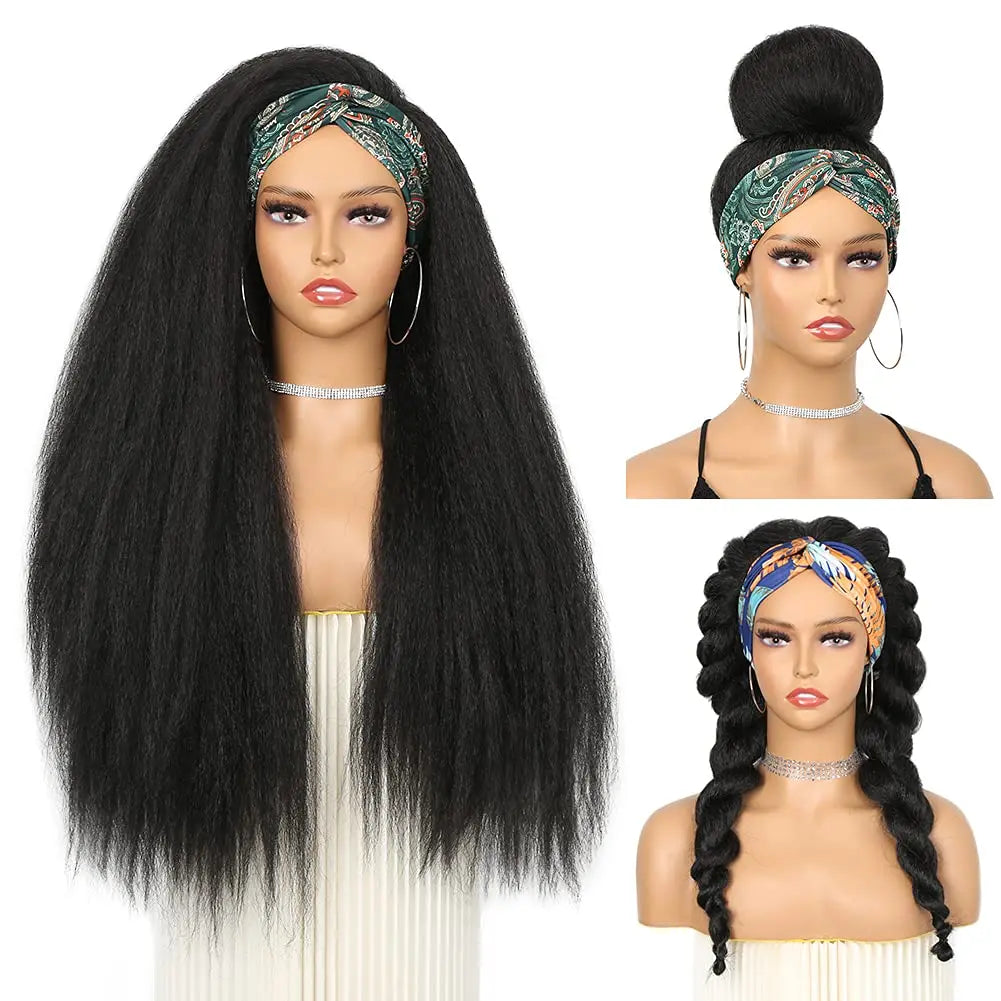 28-32Inch Synthetic Kinky Straight Headband Wig for Black Women Yaki Straight Wigs with Black Kinky Afro Wigs Daily Party Use
