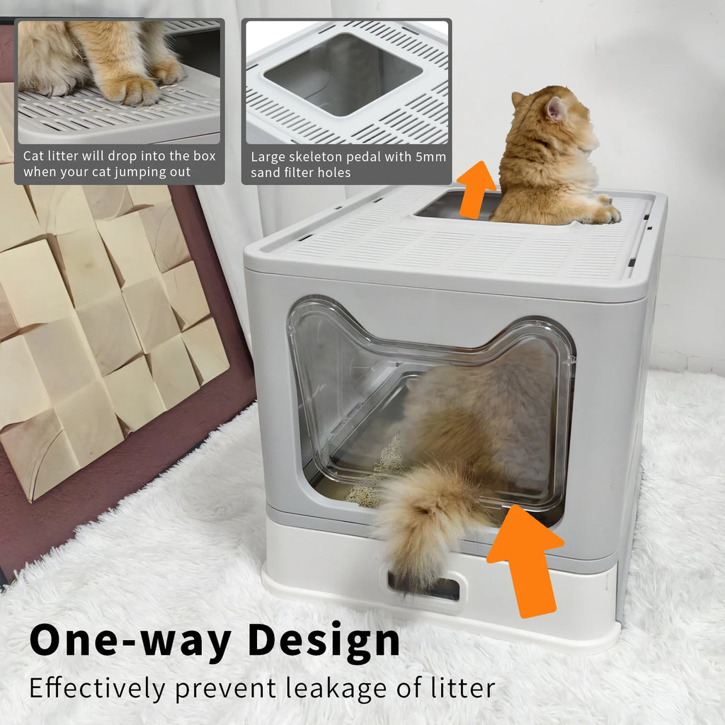 Front Entry Top Exit Cat Litter Tray Box with Scoop and Drawer Foldable Hooded Kitty Pet Toilet Extra Large