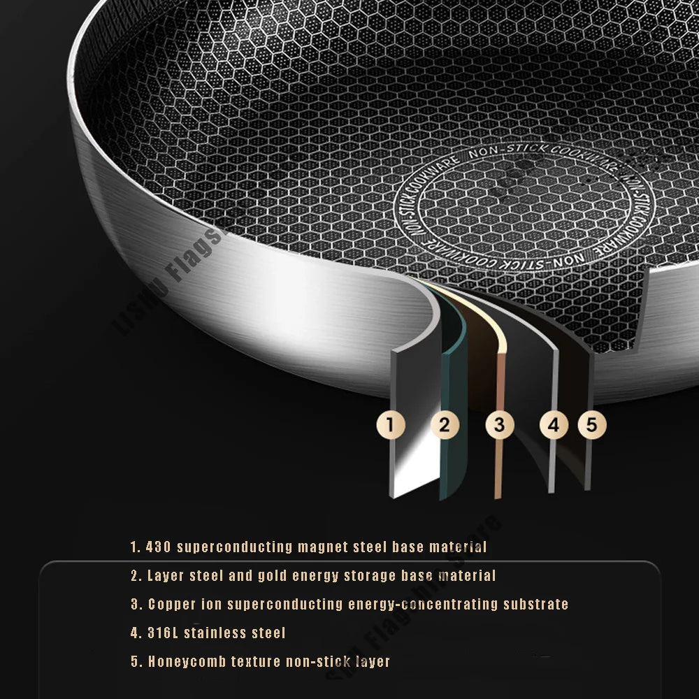 28cm Frying Pan Wok 316 Stainless Steel Honeycomb Steak skillet Gas Stove Pot Induction Saucepan Kitchen Cookware Non-stick Pan