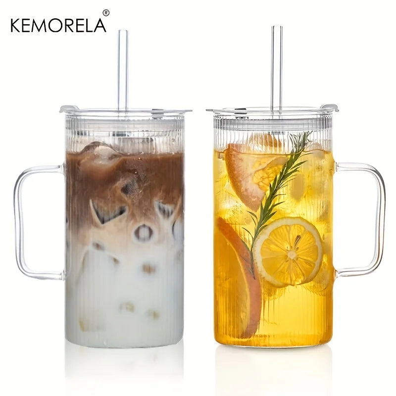 KEMORELA 740ML Ribbed Glass Tumbler Set of 1/2 with Handle Lid And Reusable Straws for Iced Coffee Clear Large Drinkware