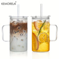 KEMORELA 740ML Ribbed Glass Tumbler Set of 1/2 with Handle Lid And Reusable Straws for Iced Coffee Clear Large Drinkware