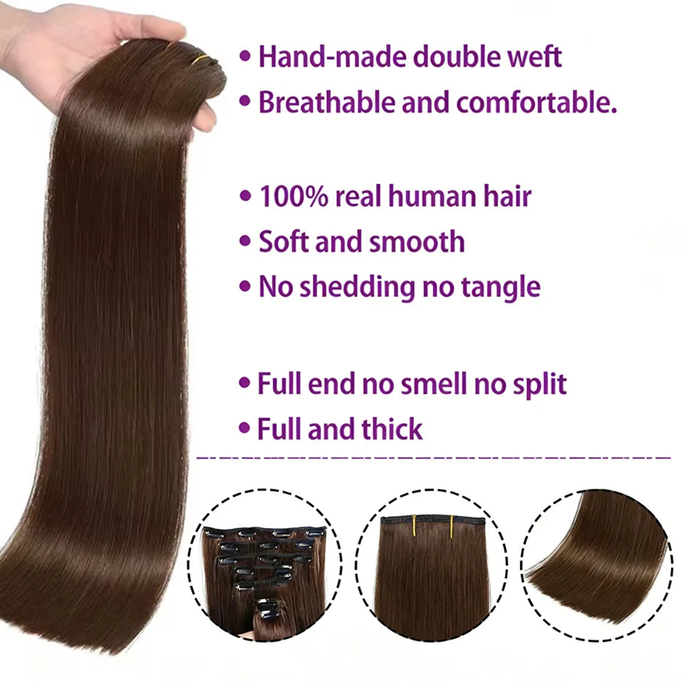 Clip in Hair Extension Human Hair Highlight #4/27 Clip on Brazilian Straight Human Hair Extensions 16-26 Inches Natural Color