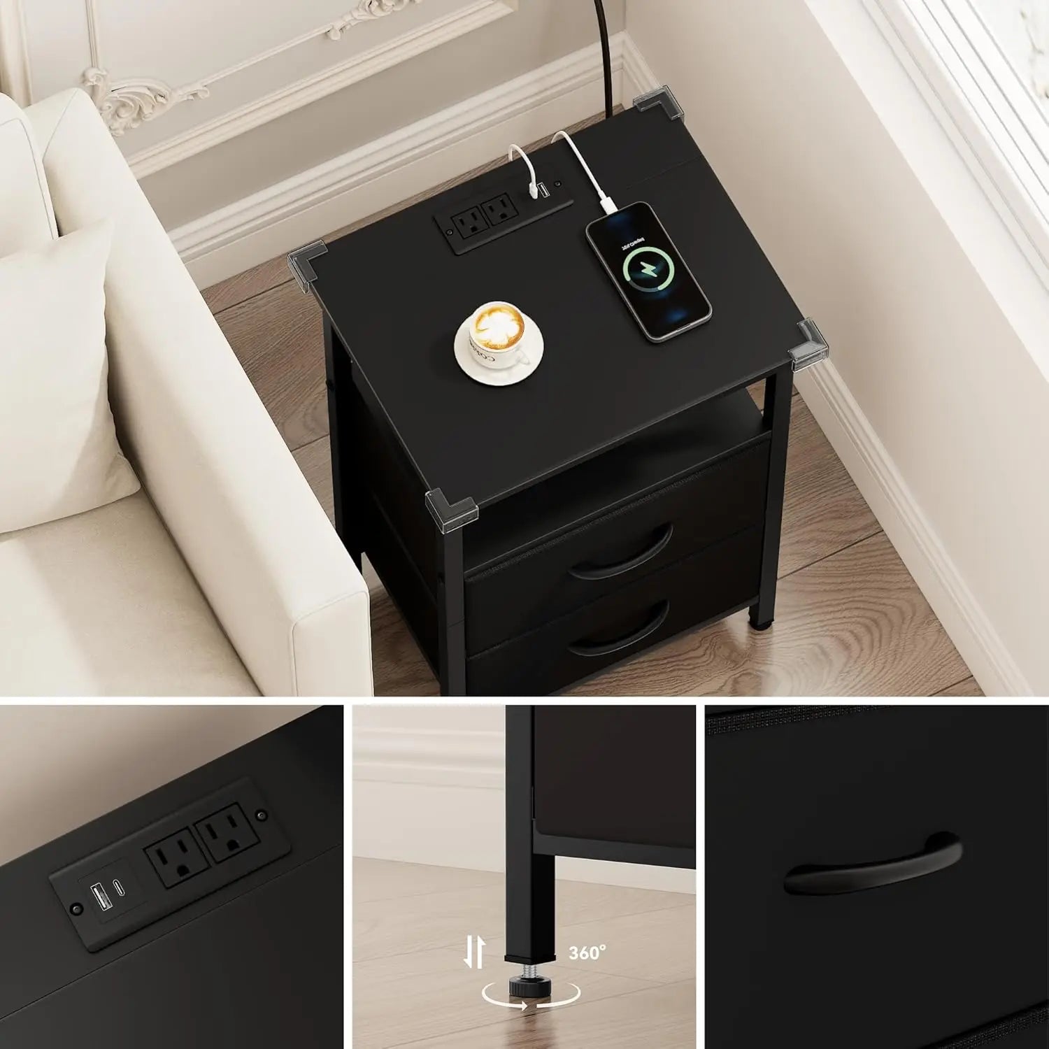 2-Piece LED Nightstand Set with Charging Station, Fabric Drawers & Storage Shelves for Bedroom