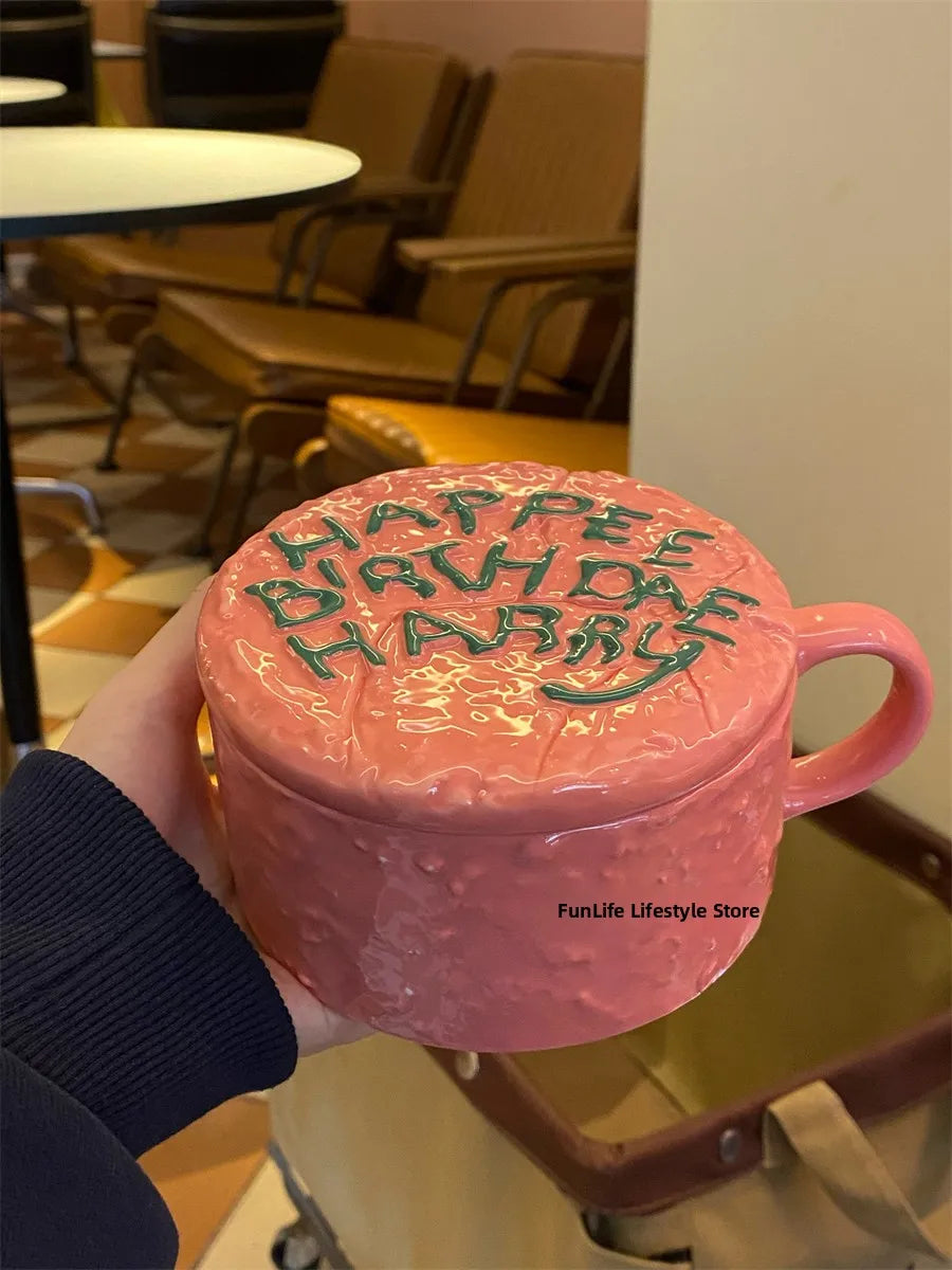 Adorable Pink Happy Birthday Ceramic Mug FunLife Coffee Cup Breakfast Mug Korean Style Universal Design 350ml Capacity