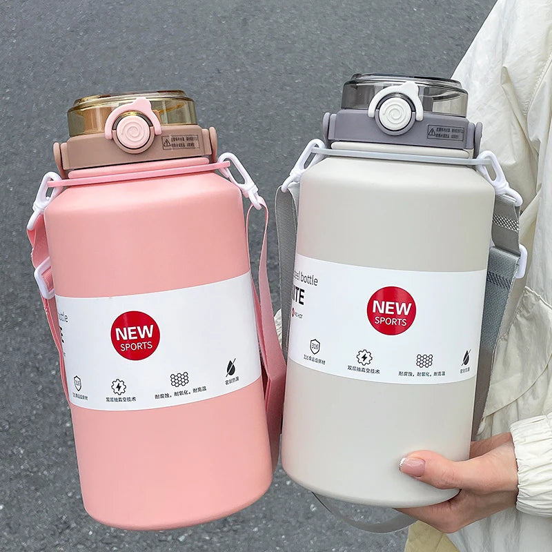 1pc 2000ml Large Capacity Stainless Steel Thermos Mug, Insulated Water Bottle with Handle & Straw, Leakproof Sports Water Jug fo