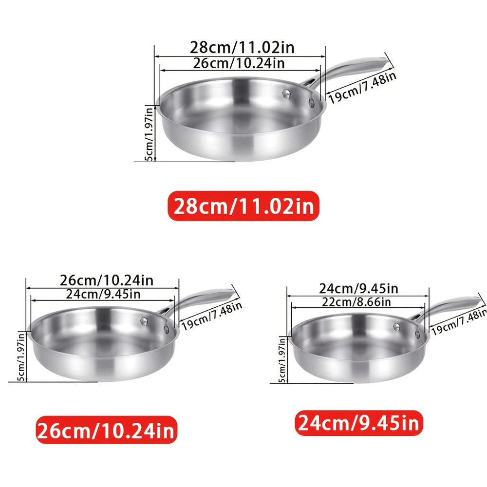 24/26/28cm Stainless Steel Non-Stick Skillet, Thick Bottom, No Coating, Compatible with Induction Cooktops and Gas Stoves