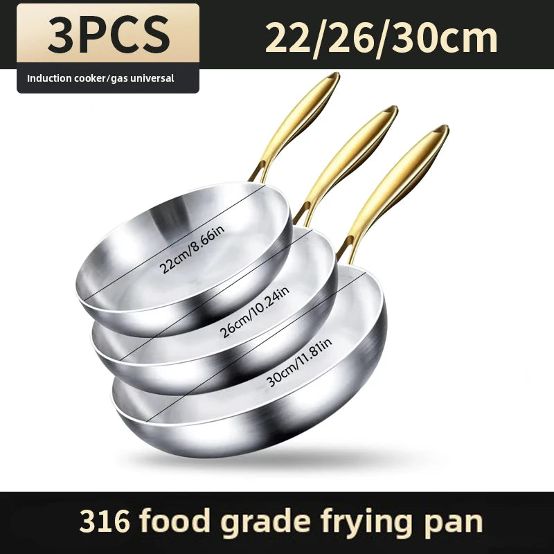 3PCS/Set 316 Stainless Steel Gold Handle Frying Pan 2MM Thick Wok Pan 5 Ply Steel Food Grade Safety Non-Stick PansMultiple Sizes