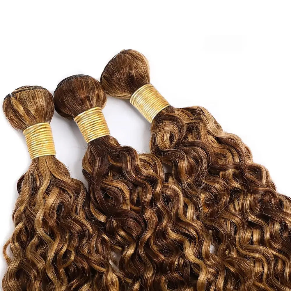 P4/27 Curly Wave Bundles Human Hair Highlight Dark Brown and Honey Blonde Piano Color Mix Brazilian Human Hair Extensions Weave