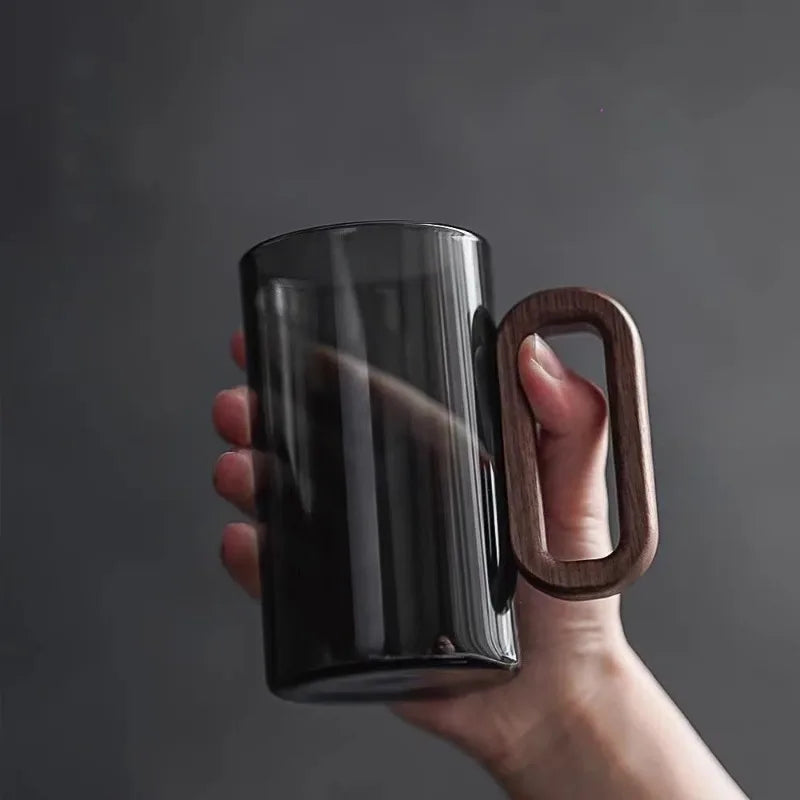 Household Creative Smoke Gray Wooden Handle Glass Mug Single-layer High Borosilicate Heat-resistant Glass Teacups
