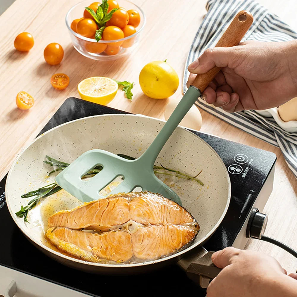 1Pcs Silicone Spatula Wide Mouth Shovel Beef Non-Stick Wooden Handle Meat Egg Frying Cooking Tool Kitchenware Gadgets Tools