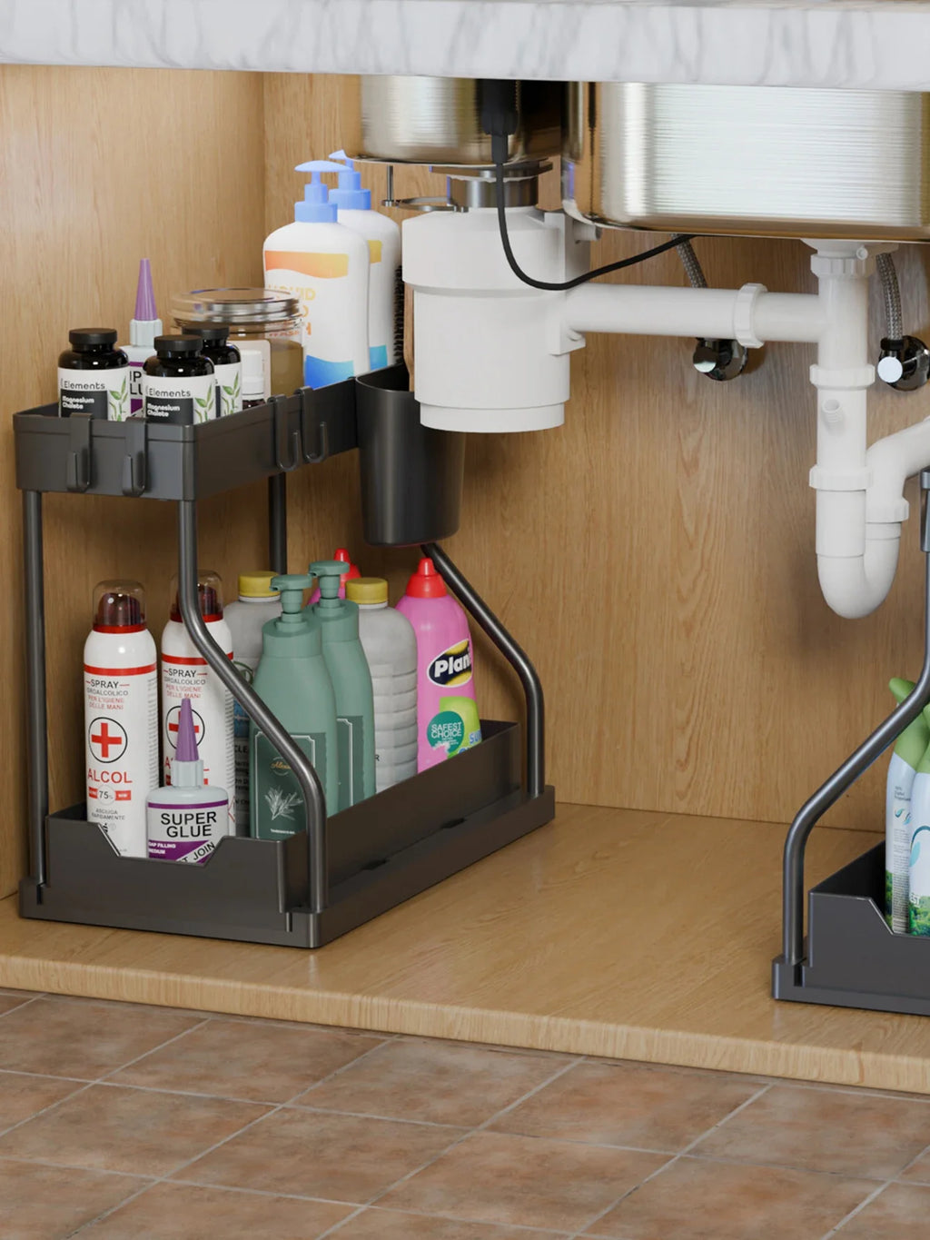 2 Tier Pull Out Organizer Under Sink for Kitchen Spices Bathroom Cosmetics Living Room Table Storage Desktop Cabinet Rack