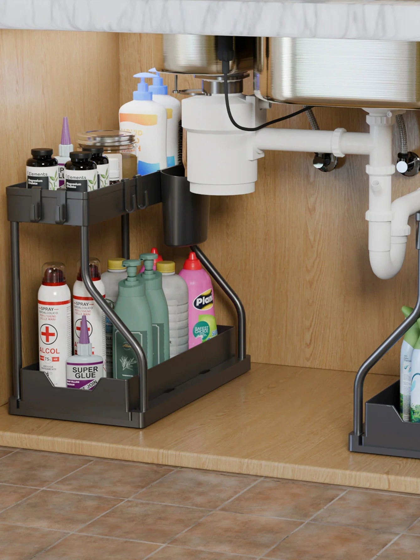 2 Tier Pull Out Organizer Under Sink for Kitchen Spices Bathroom Cosmetics Living Room Table Storage Desktop Cabinet Rack