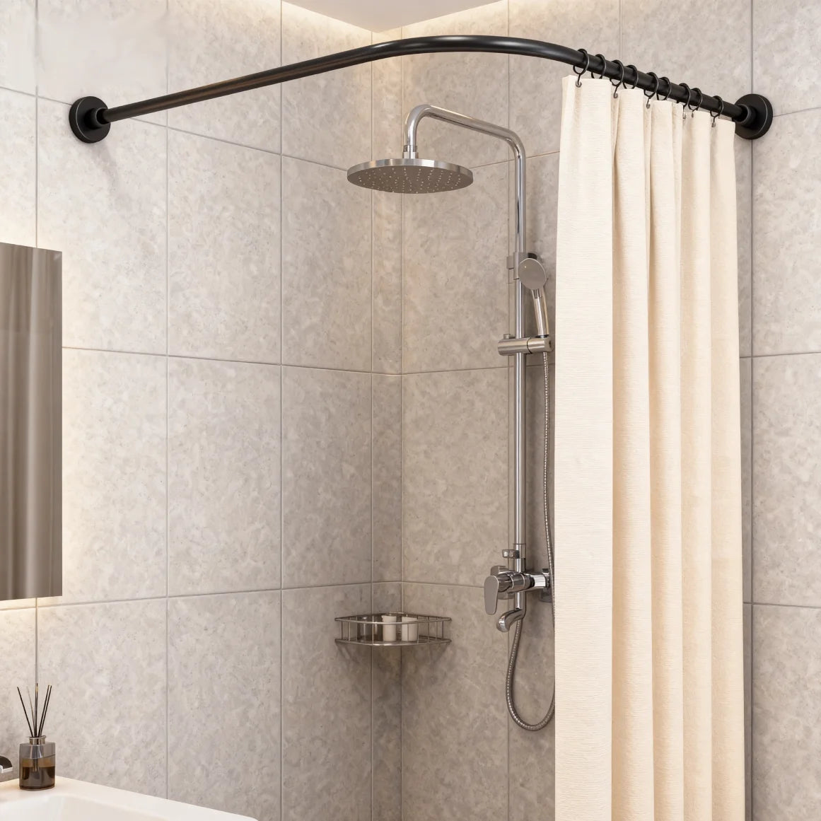 L Shape Shower Curtain Rail Corner No Drilling Stainless Steel Telescopic Rod Bathtub Bathroom Wardrobe Changing Room