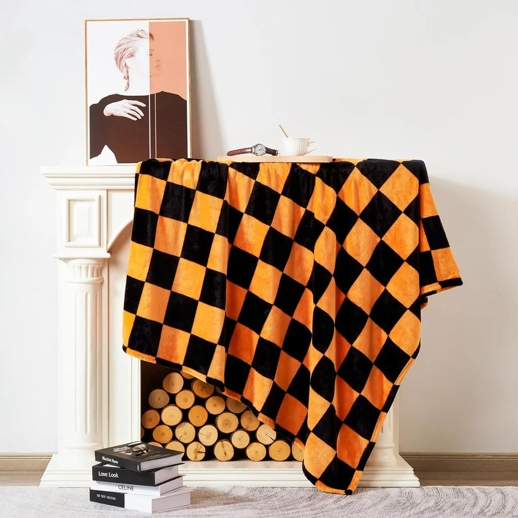 1PC Throw Checkerboard Black and Orange Flannel Blanket for Couch Bed Sofa Cozy Comfy Warm Halloween Decor for All Season