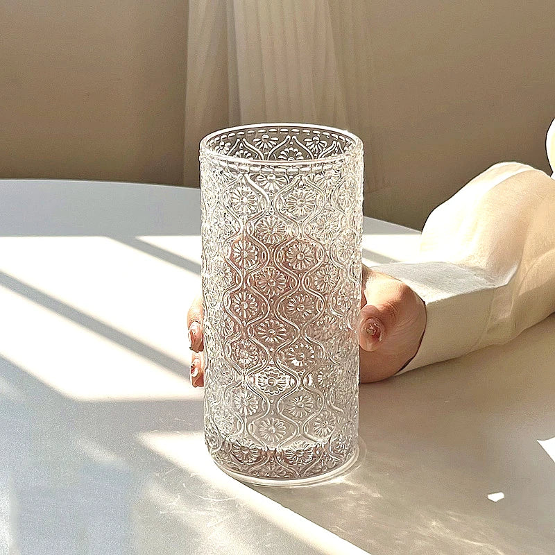 Begonia carved glass simple ice American latte coffee cup milk drink cup household water cup suitable for restaurants and coffee