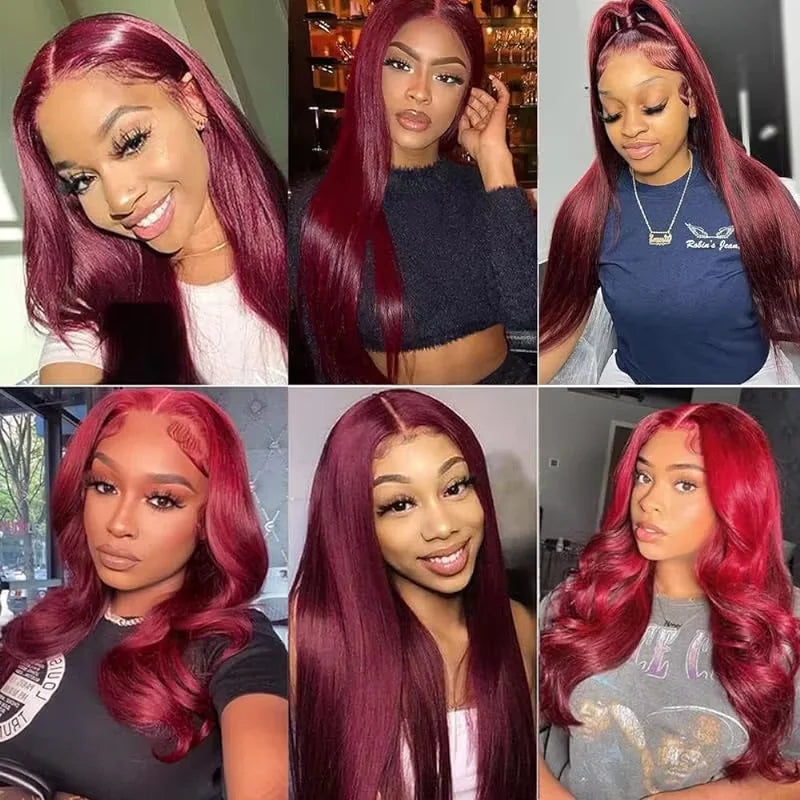100% Human Hair Burgundy 99J Straight Bundles with Frontal 13x4 Brazilian Hair Weaving 3Pcs Bundles with Closure Raw Human Hair
