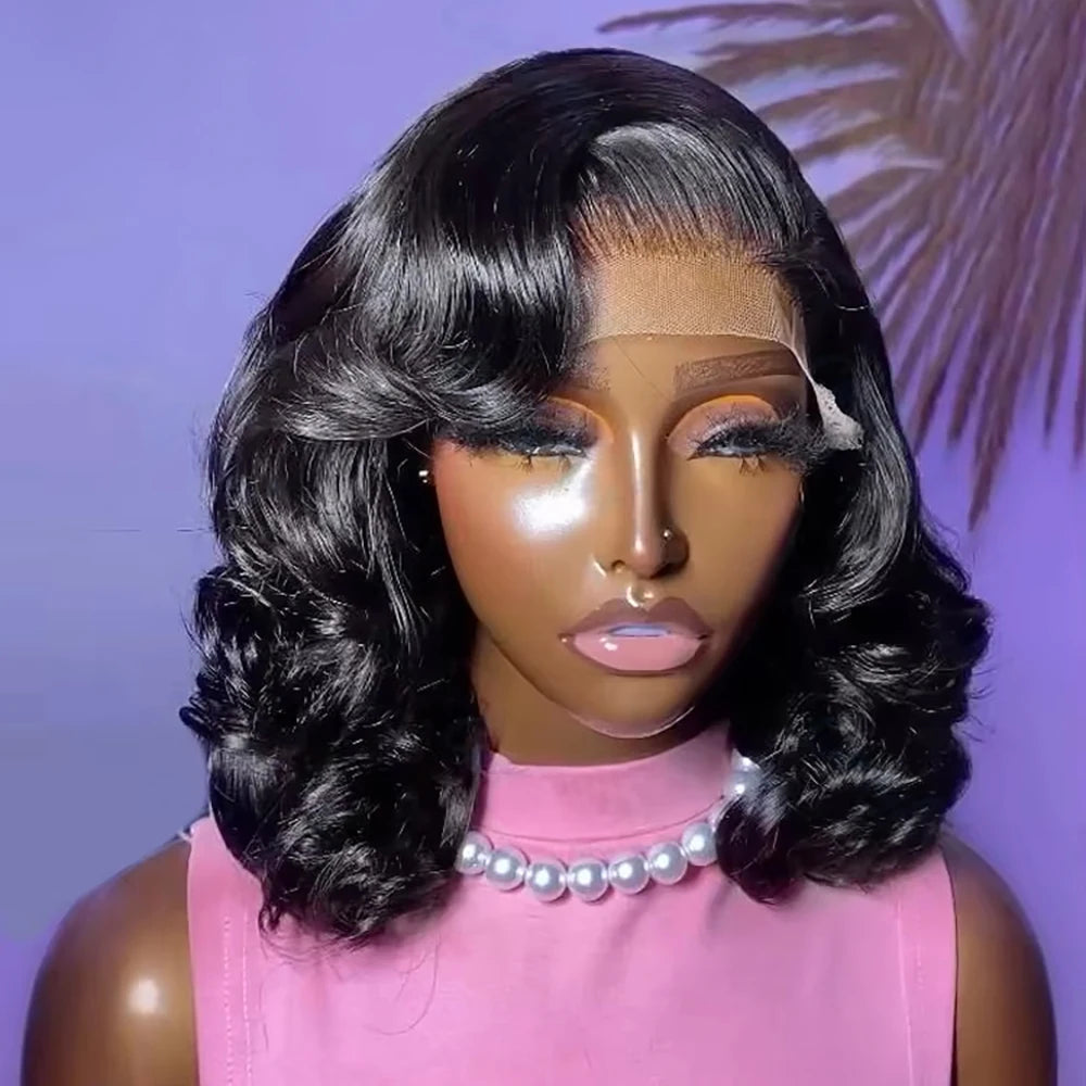 Wavy Glueless HD Lace Frontal Wig For Women Pre Plucked 250% Body Wave 13x6 Transparent Lace Front Human Hair Short Bob Wigs
