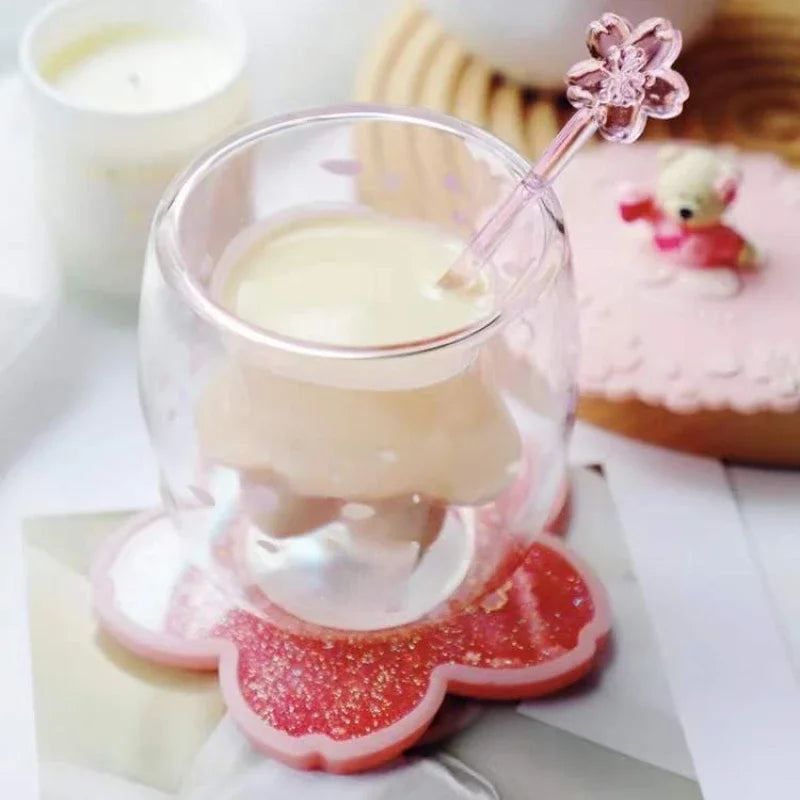 Cute Sakura Cat Paw Glass Cup Floral Cherry Double Layer Glass Coffee Milk Mug Kawaii Transparent Cups Chirtmas Gift For Friend