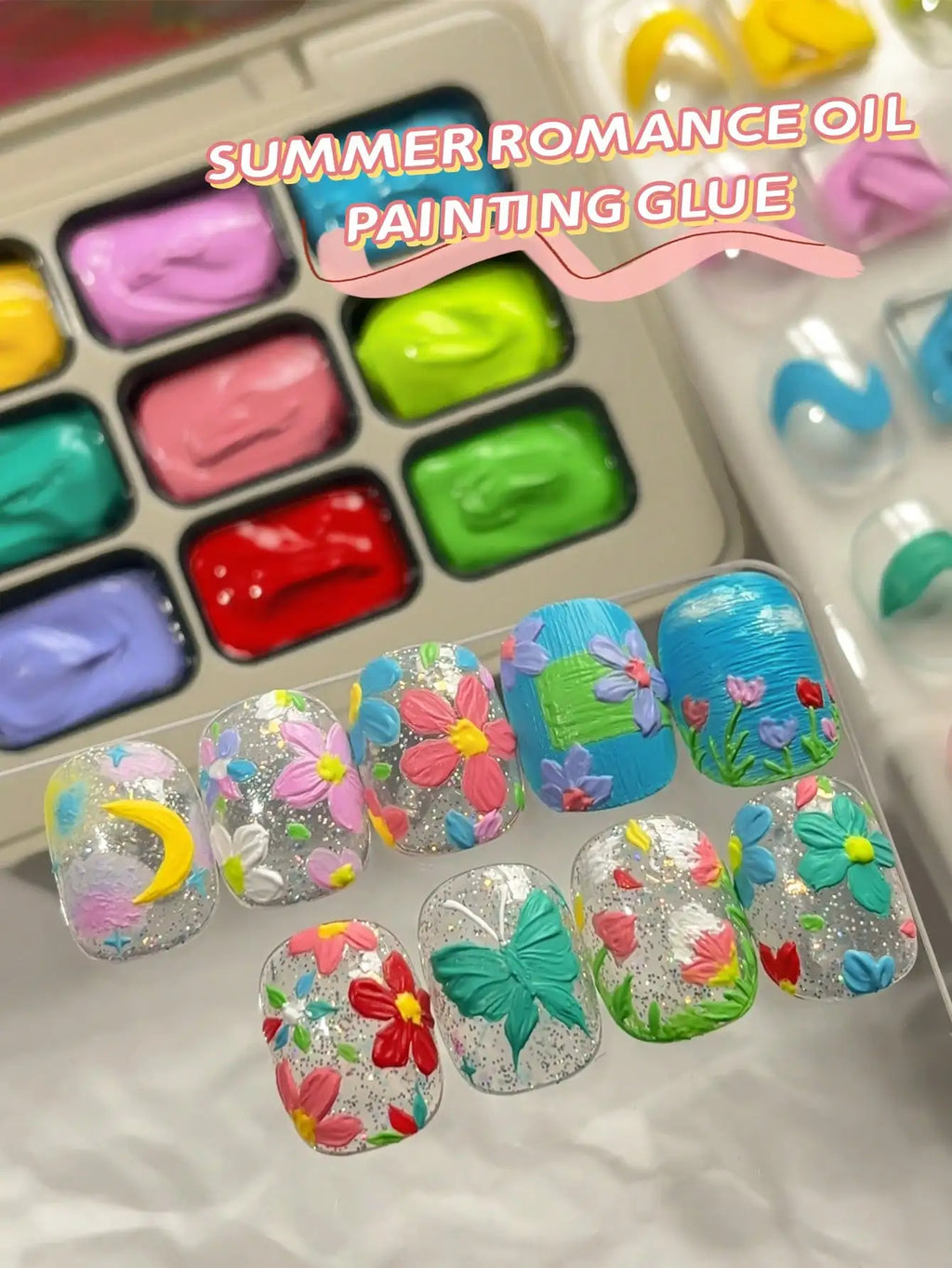 MORDDA 9pcs Summer Romance Oil Painting Glue Dopamine Color Suits, High Gloss Multi-Color Solid Gel Oil,Used For Nail Salons