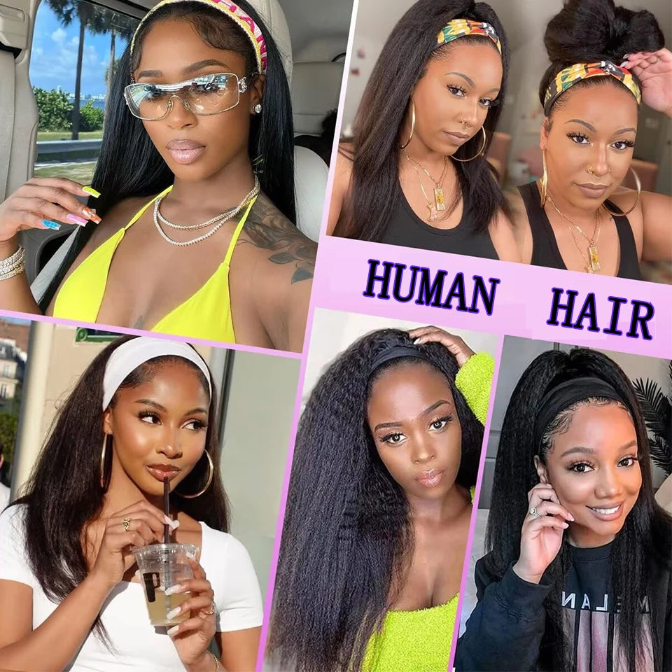 Headband Wig Human Hair Yaki Straight Wig 200% Density Remy Human Hair Wigs For Black Women Ready To Wear Kinky Straight Wig
