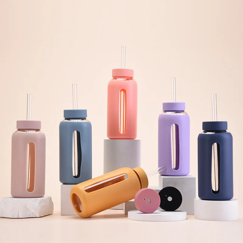 800ml Large Capacity Single-layer Glass Cup with Silicone Sleeve,Time Scale And Straw,Portable Drinkware,Outdoor Water Bottle