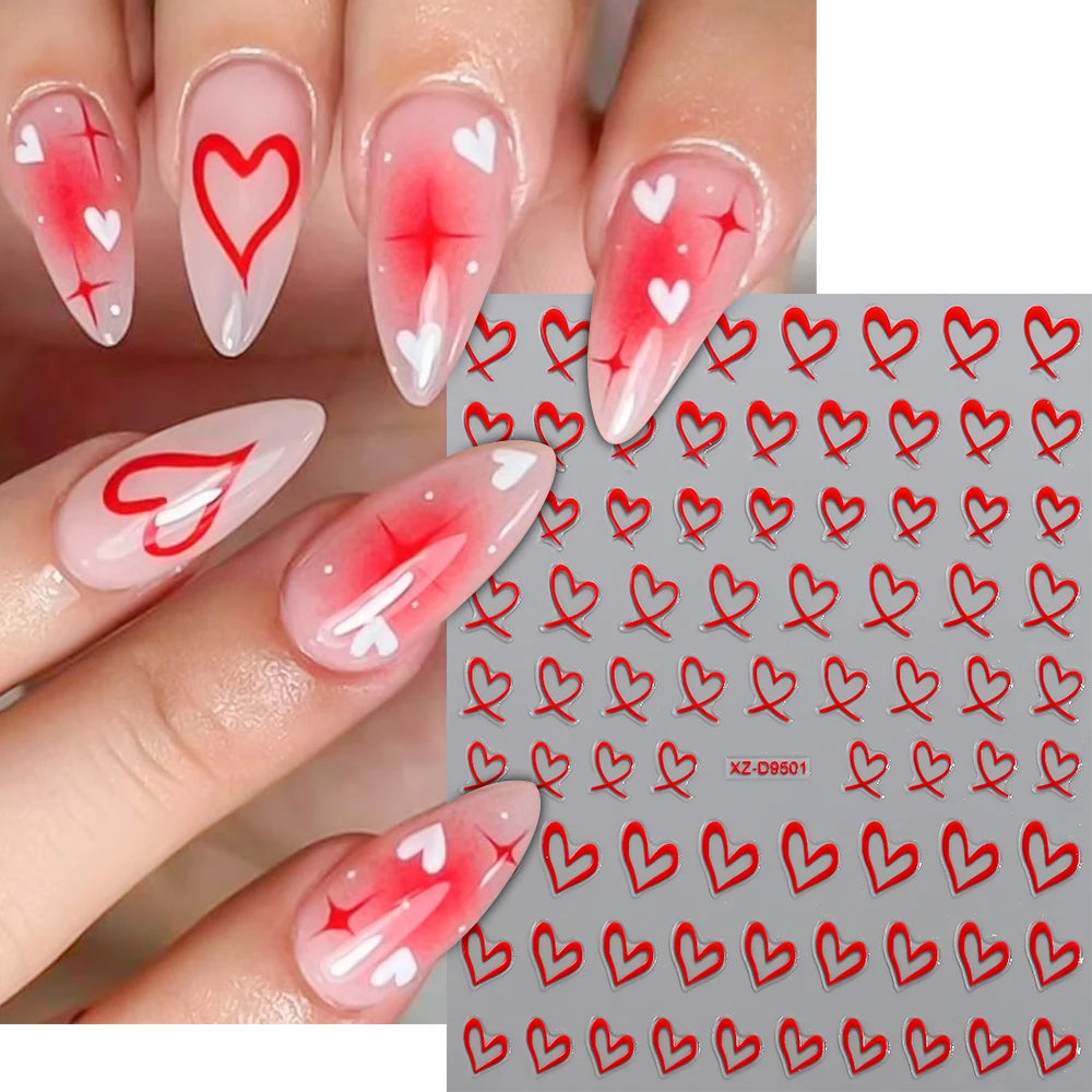 8pcs 3D Valentine's Day French Lines Love Nail Art Stickers Sweet Love-Heart Nail Decals DIY Self-Adhesive Slider Manicure Decor