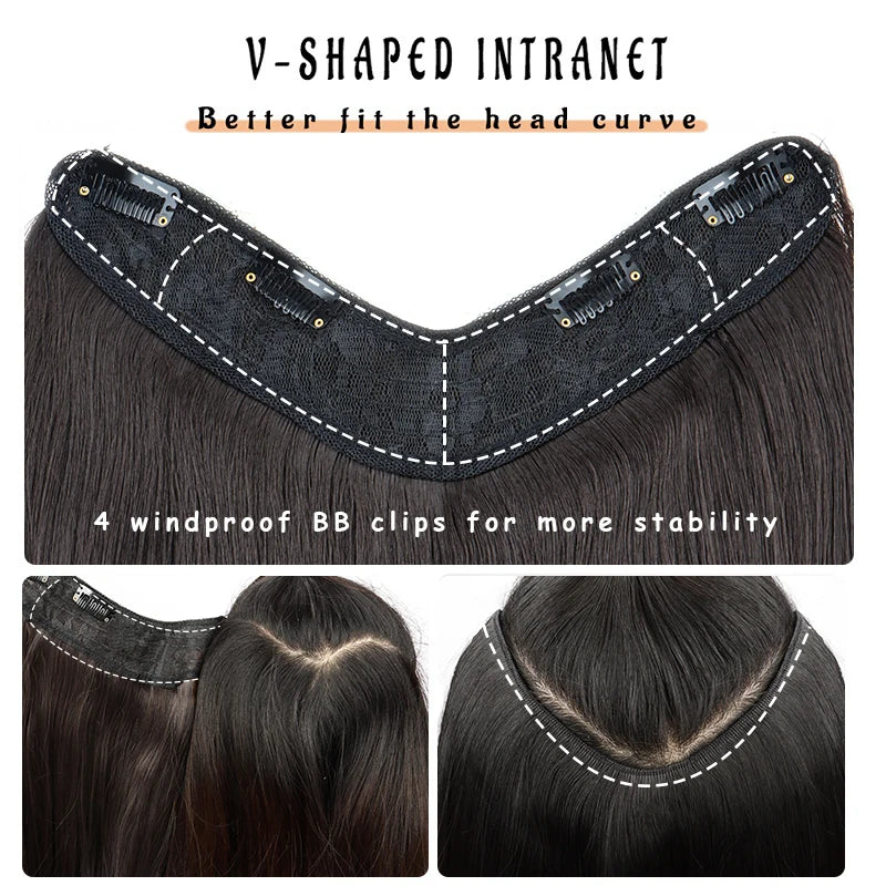 16Inch Synthetic Long Straight V-Shaped Hair Extensions 4 Clips Black Brown Hairpiece for Adding Volume Women Daily Party Use