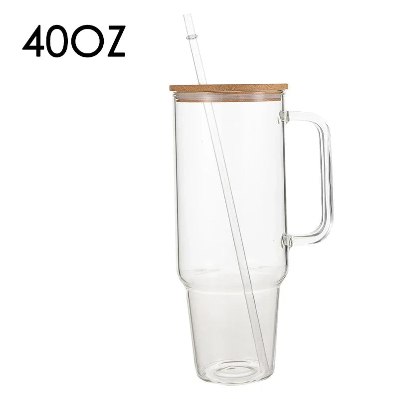 40OZ Glass Cup with Handle and Straw Lid Coffee Cup Reusable Transparent Bubble Tea Cup Juice Glass Beer Can Milk Mocha Cups