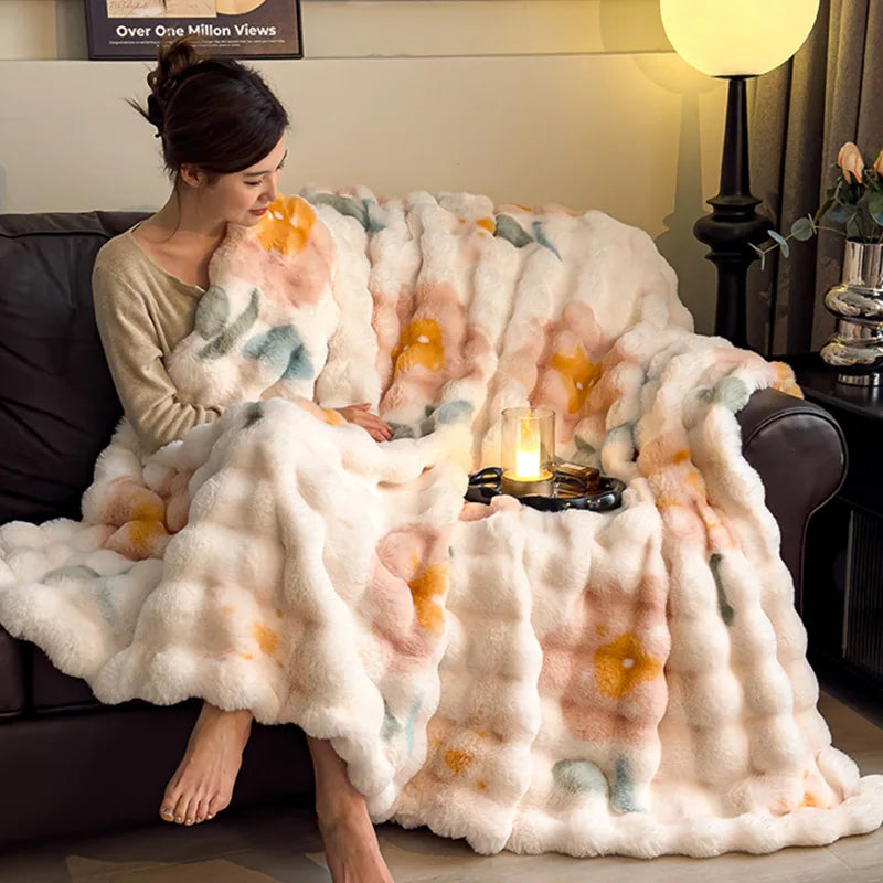 Luxury Tie-Dye Big Bubble Rabbit Fur Blanket & Duvet Cover, 2-in-1 Faux Fur Plush Throw, Ultra Soft Fluffy for Couch Bed Sofa