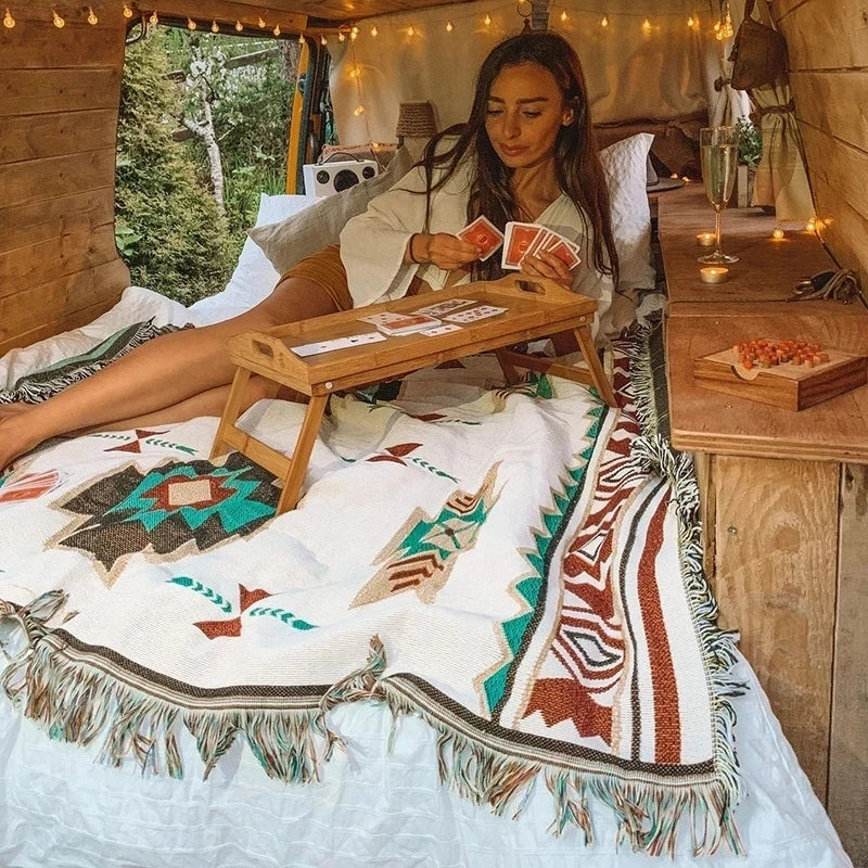 Retro Plaid Winter Cotton Linen Woven Line Blanket Sofa Towel Knit Thickened Warm Pad Mat Bohemian Boho Throw Travel Bedspread