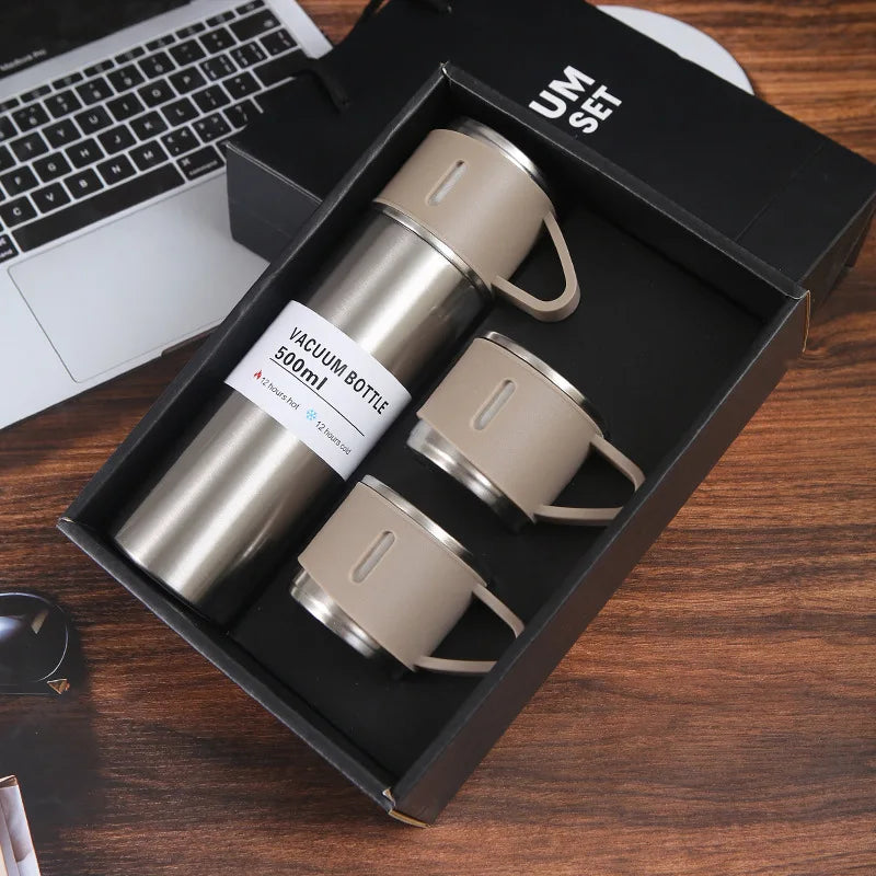 Business Stainless Steel Vacuum Thermos 500ml, 3-Lid Gift Set , Double Wall Insulated for Office Travel Camping Hot Cold Drinks
