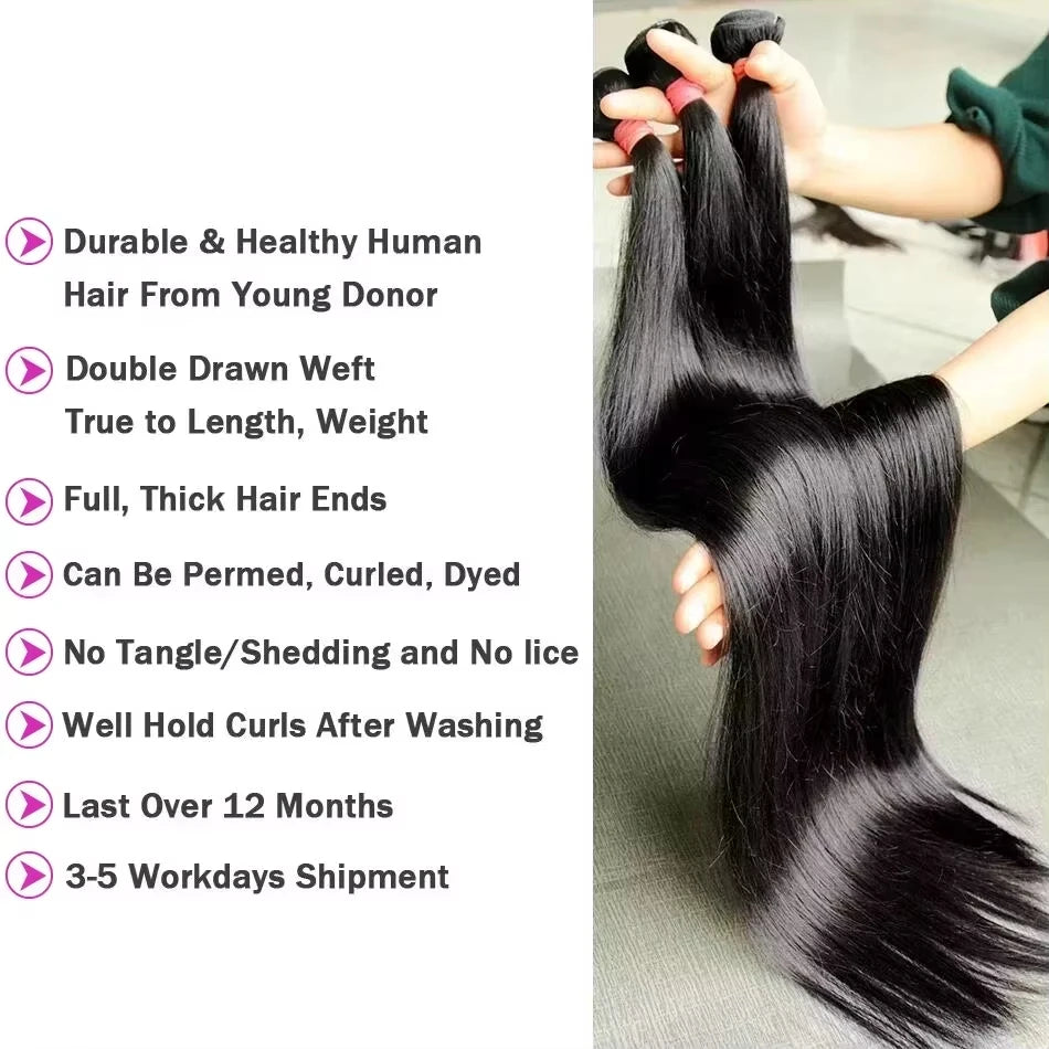 12A Bone Straight Brazilian 32 Inch Human Hair Weave Bundles Natural Black 100%  Unprocessed Bundle Remy Hair Extensions Double