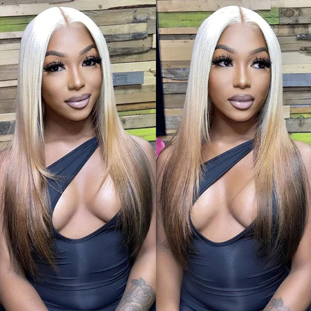 Ombre Colored Lace Front Wig Synthetic Brown Wig Blonde 613 Roots With Black Ends Body Wave Transparent Lace Frontal Wig Cosplay
