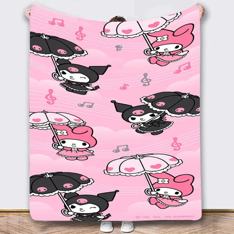 Sanrio Kawaii Flannel Blanket, My Melody & Kuromi Cute Print, Soft Cozy Throw Blanket for Bed & Sofa Cartoon Cute Room Decoratio