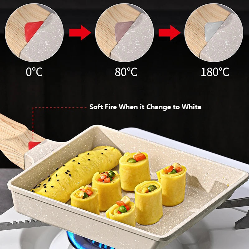 2pcs/Set Tamagoyaki Japanese Omelette Pan with Silicone Spatula Egg Pan Skillet Rectangle Frying Pan Kitchen Cooking Accessories