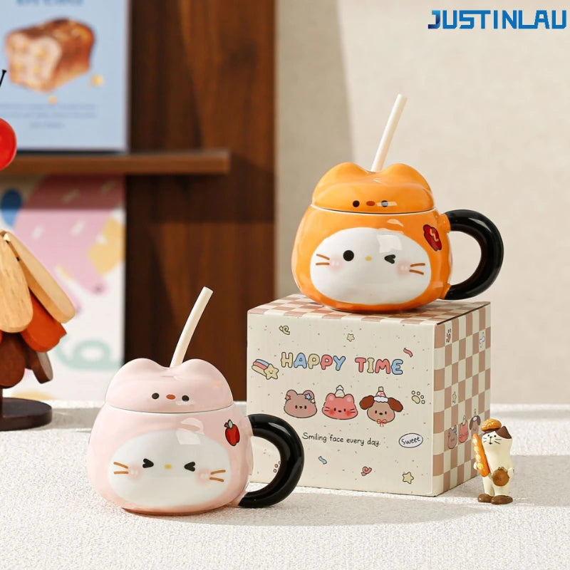 Set of Sesame-shaped Ceramic Cup Cat Grass Straw Cup with Lid and Straw Coffee Cup Breakfast Milk Cup Instagram-style Coffee Cup