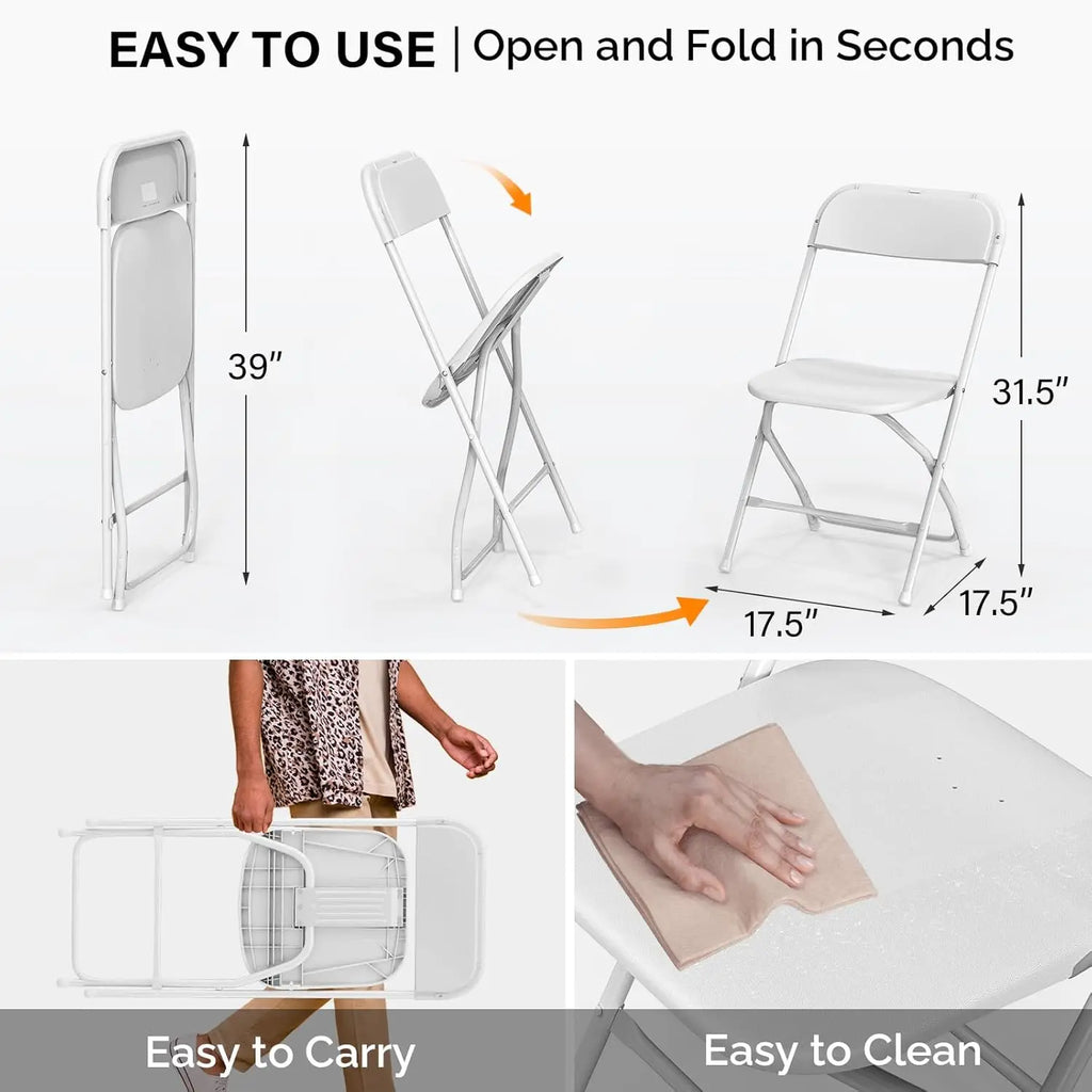 8 Pack White Plastic Folding Chair, Indoor Outdoor Portable Stackable Commercial Seat with Steel Frame 350lb.