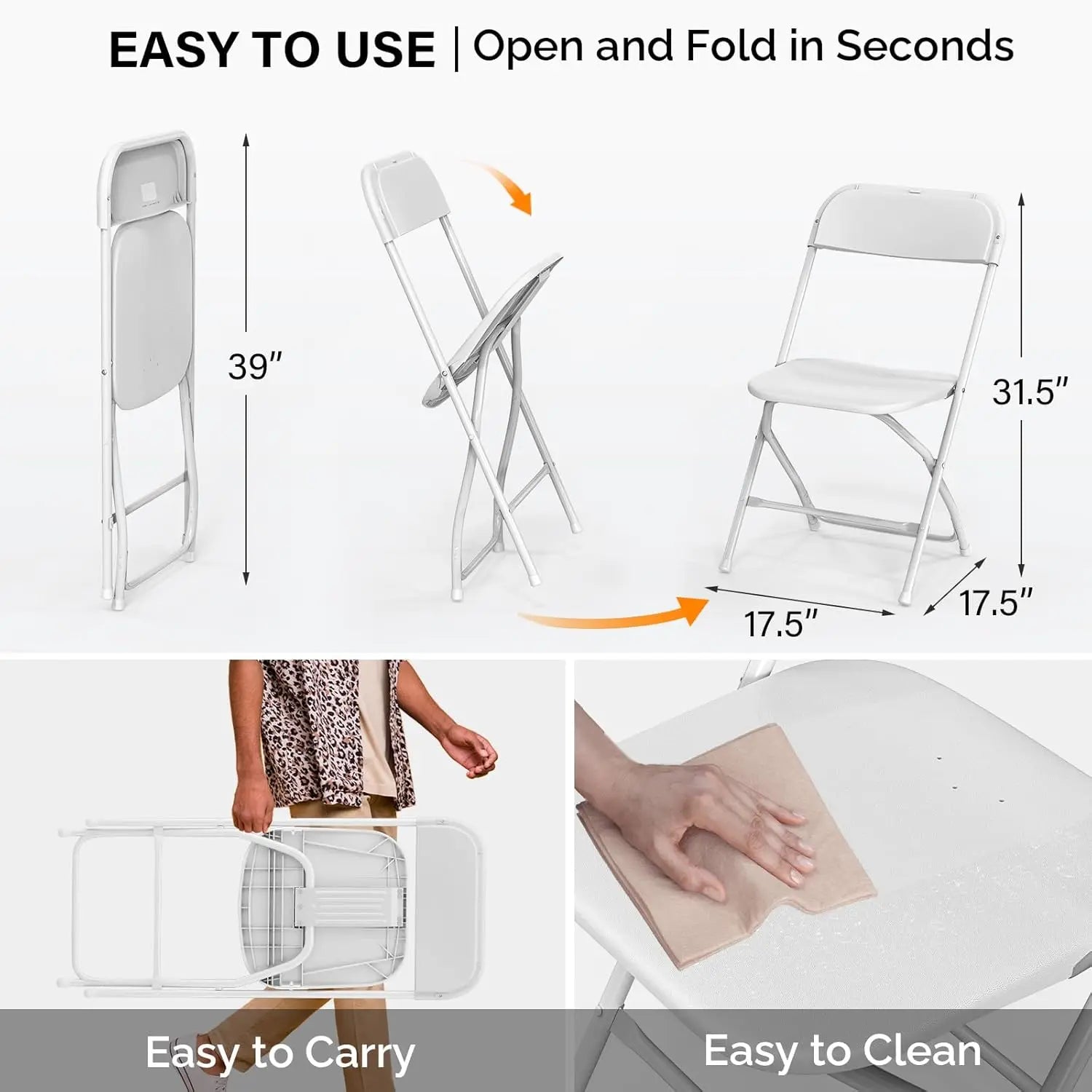 8 Pack White Plastic Folding Chair, Indoor Outdoor Portable Stackable Commercial Seat with Steel Frame 350lb.