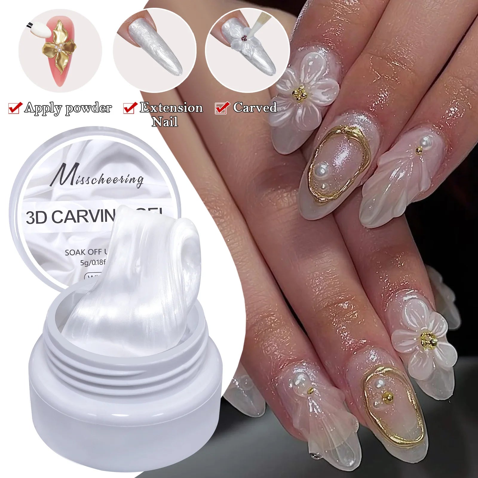 3D Nail Art Gel White Pearl Solid  for Carving Patterns Decoration Nail Art Home Manicure DIY for Women White Sculpture