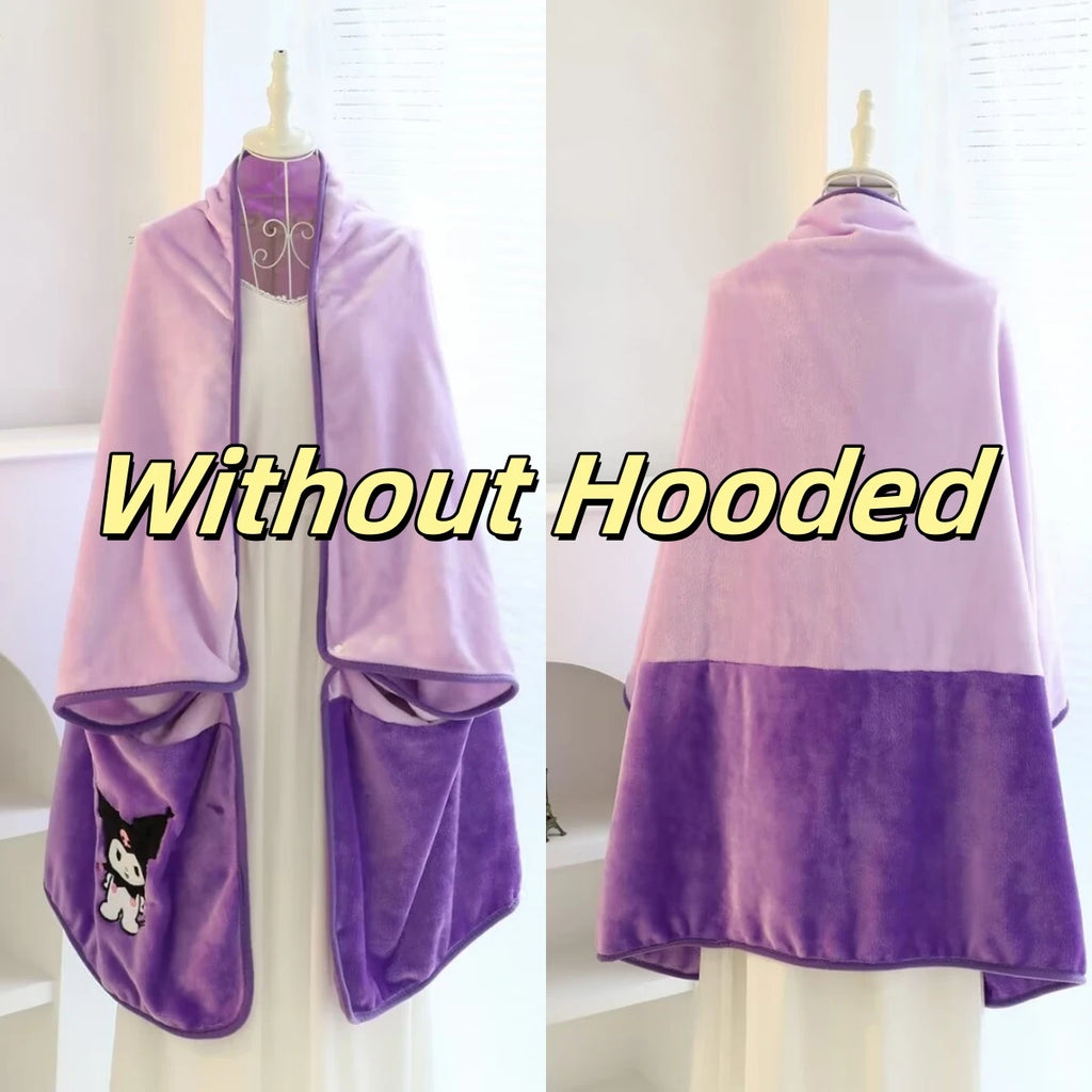 High Quality Kuromi Hooded Cloak Warm Flannel Blanket With Hat Japanese Style Comfortable Nap Blanket For Girl Xmas Gifts