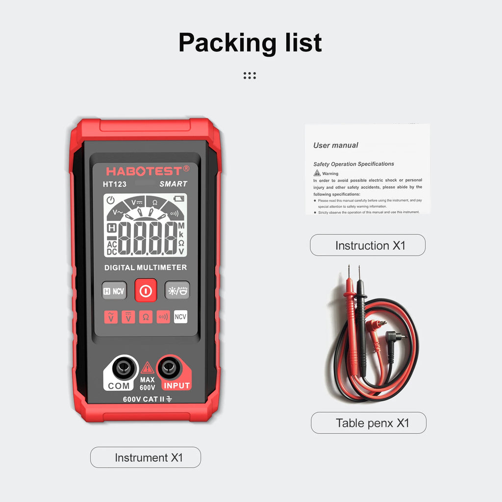 HT123 Digital Multimeter Auto Range Multi-meter 2,000 Counts True RMS Measuring AC/DC Voltage Resistance NCV Test