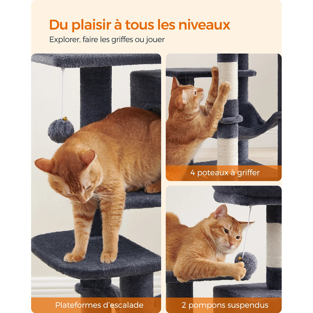 Feandrea Cat Tree, 112 cm Cat Tower for Indoor Cats, Multi-Level Plush Cat Condo with 4 Scratching Posts, 2 Perches, Cave