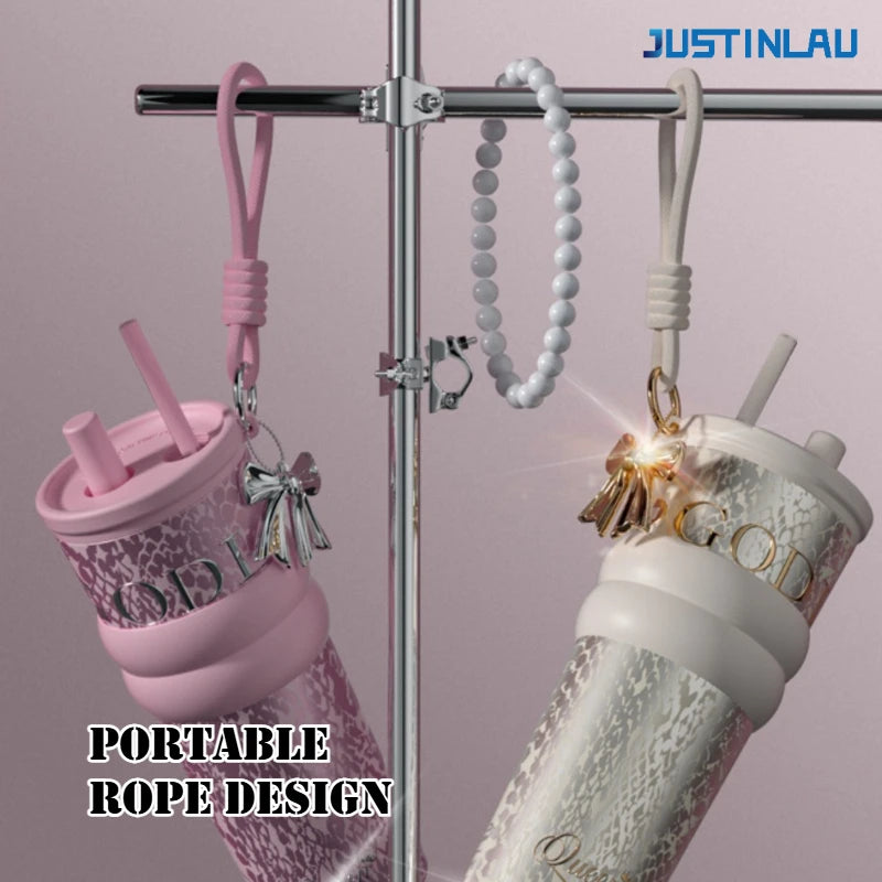 JUSTINLAU 710ML Goddess Style Aurora Insulated Cup Ceramic Coated Straw Cup Fashionable Drawstring Pendant Light Luxury Gift Cup