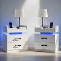 White Nightstand Set 2 Charging Station LED Lights Modern Bedroom Living Room End Table 2 Drawers, Customized
