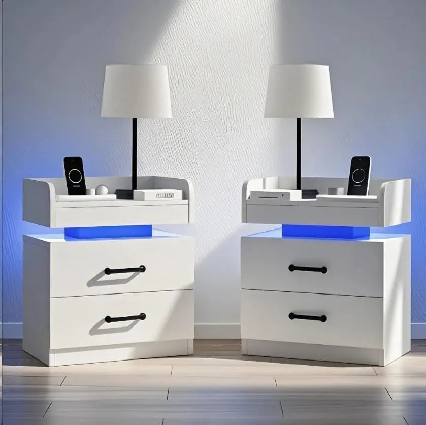 White Nightstand Set 2 Charging Station LED Lights Modern Bedroom Living Room End Table 2 Drawers, Customized